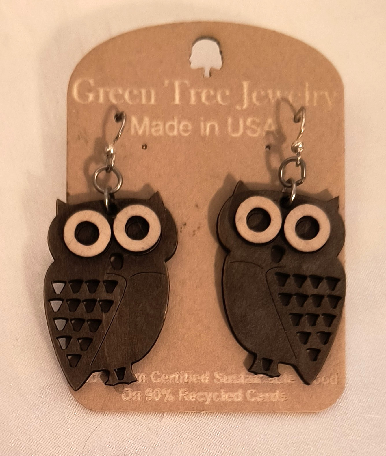 New with Tags Green Tea Jewelry Earrings Laser Cut Brown/Beige Owls Hook Closure