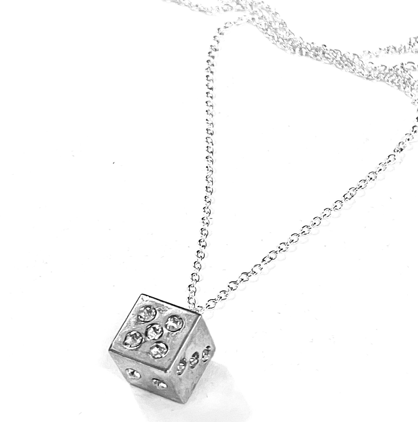 Silver Rhinestone Crystal Encrusted Dice Pendant Necklace on 18” Silver Chain