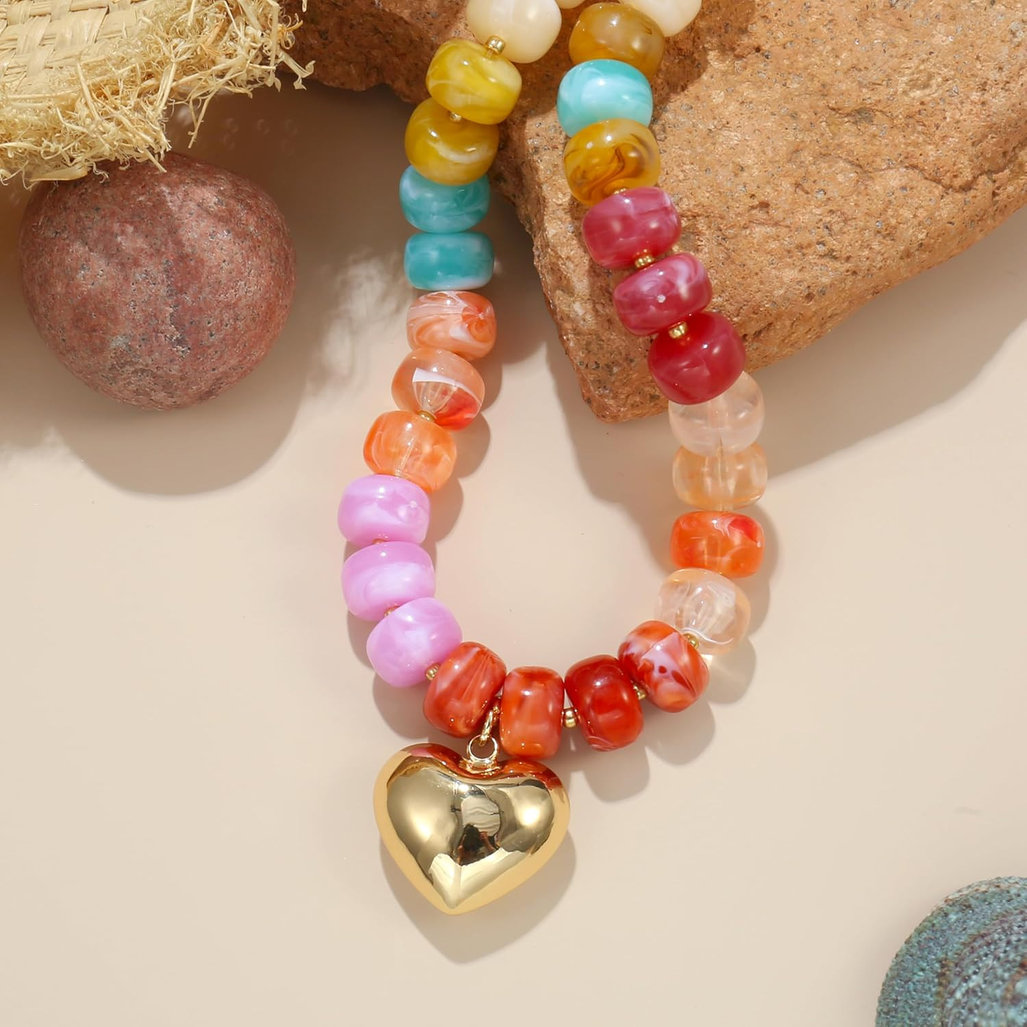Chunky Heart Necklace for Women, Colorful Acrylic Beaded Statement Puff Heart Ne