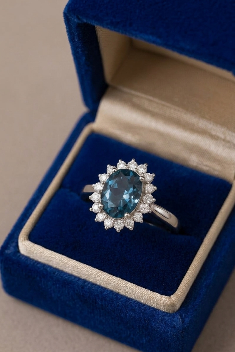 Oval London Blue Topaz Sunburst Halo Ring, Sterling Silver Engagement Ring