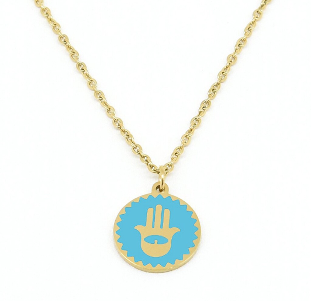 Gold Plated Titanium Stainless Steel Enamel Hamsa Hand of Fatima necklace 18-20″