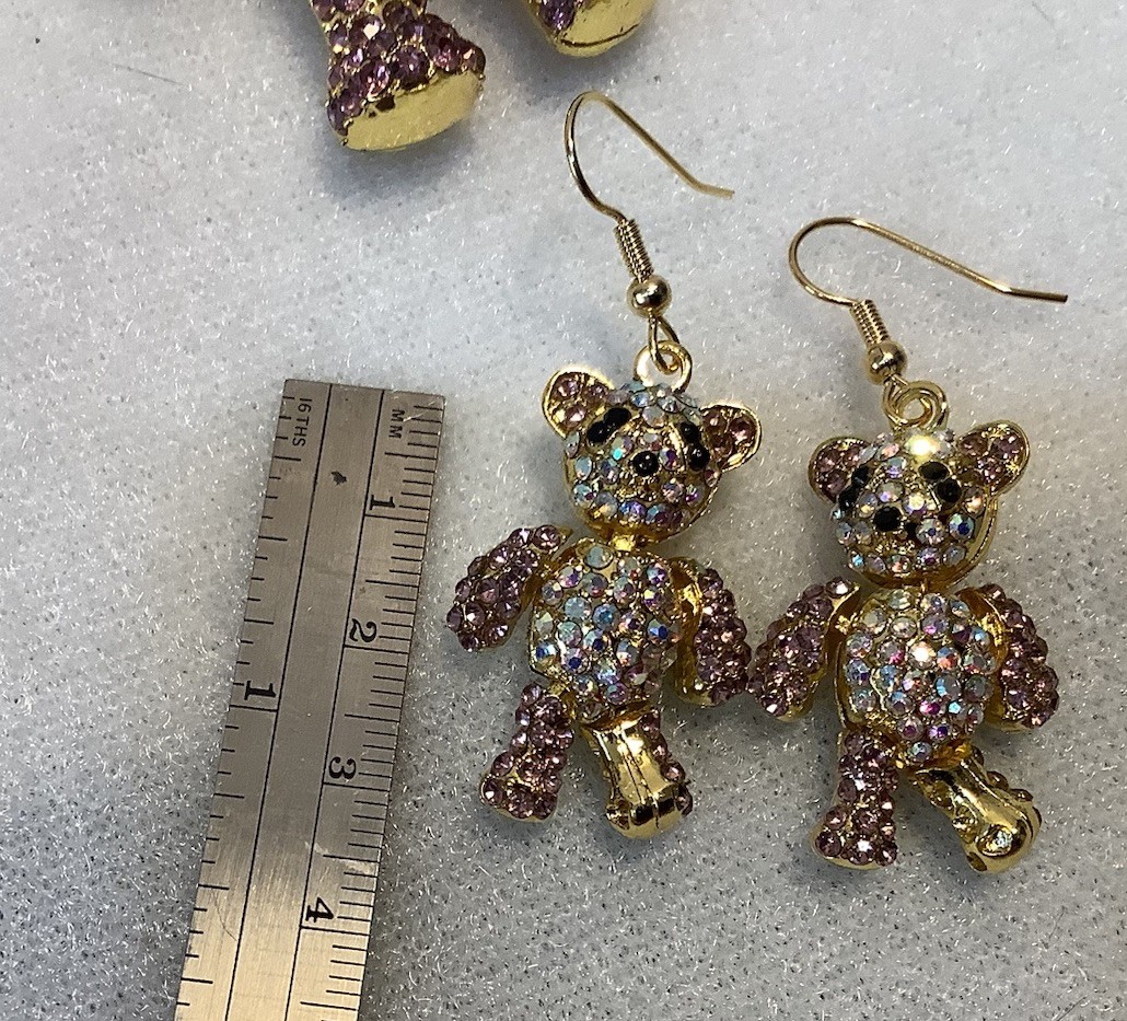 Adorable Gold Tone & Pink Rhinestone Articulated Teddy Bear Necklace & Earrings