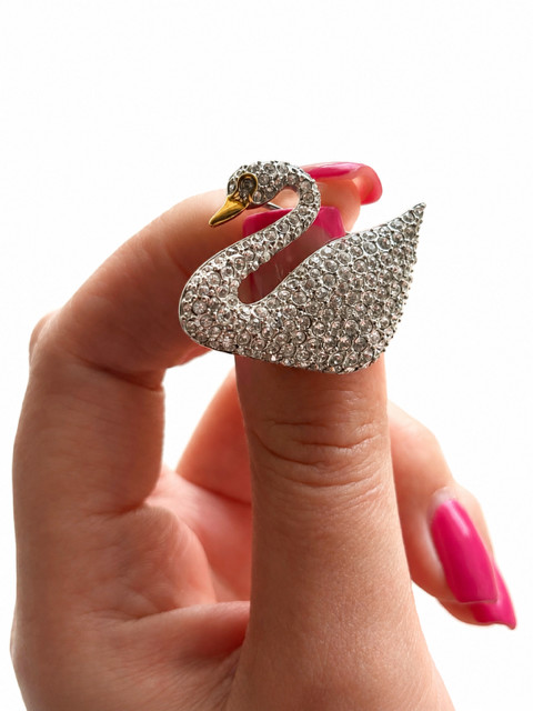 Swarovski Crystal Swan Brooch Pin Silver Tone Clear Crystals Gold Beak Signed