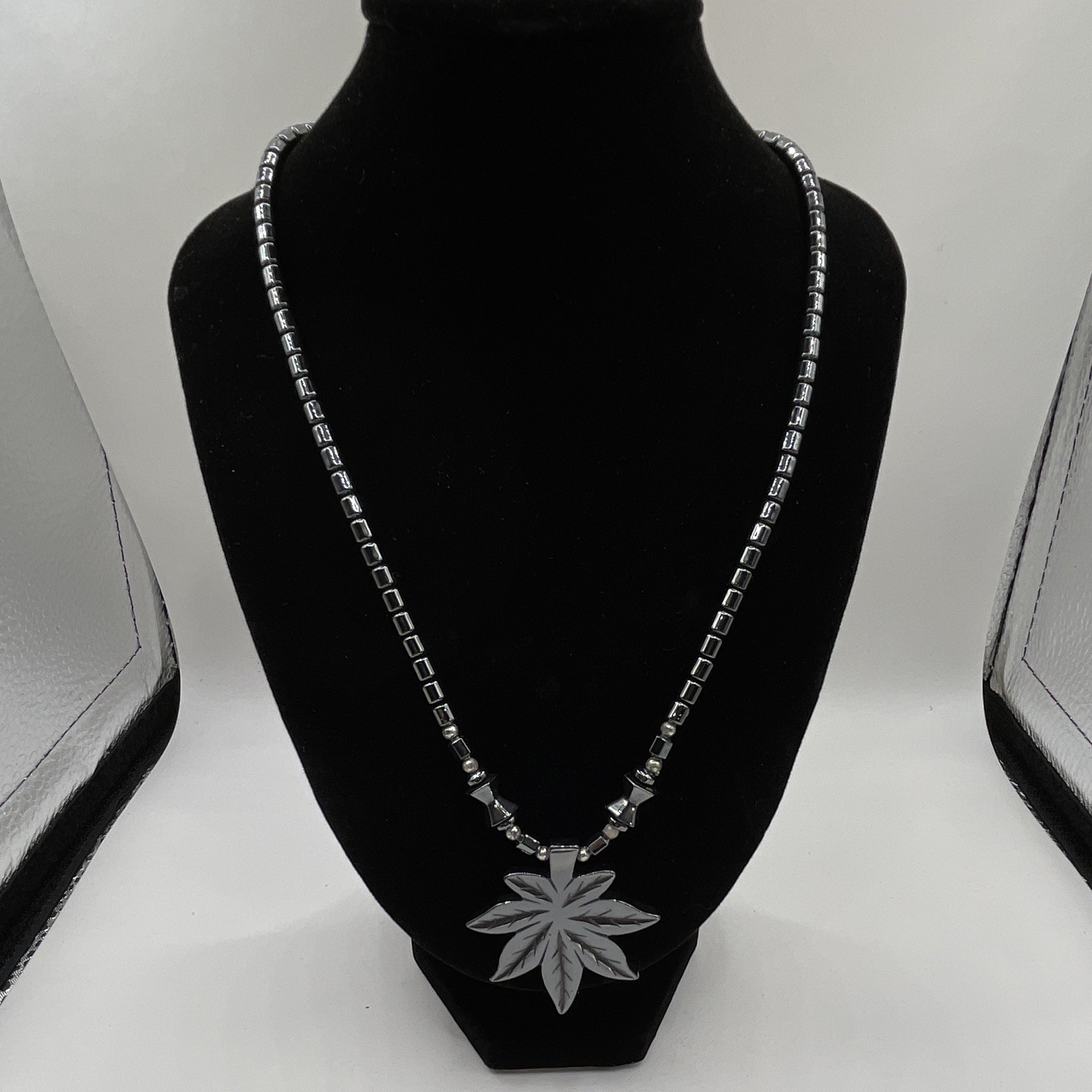 Hematite Beaded Box Chain Necklace Silver Tone Gray Square Stone Leaf Charm