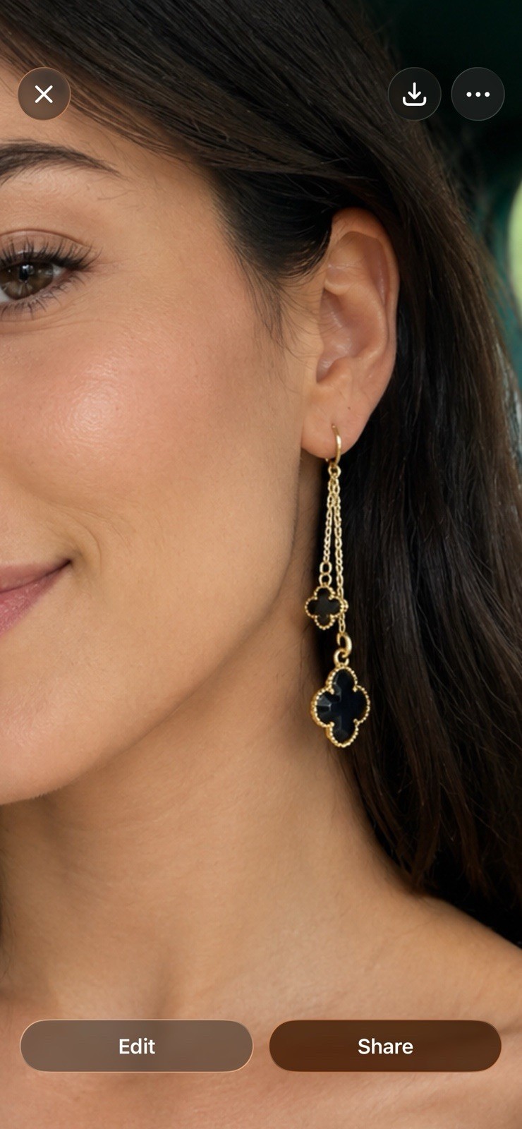 Gold Tone Black Flower Clover Dangle Drop Hook Earrings Metal No Stone