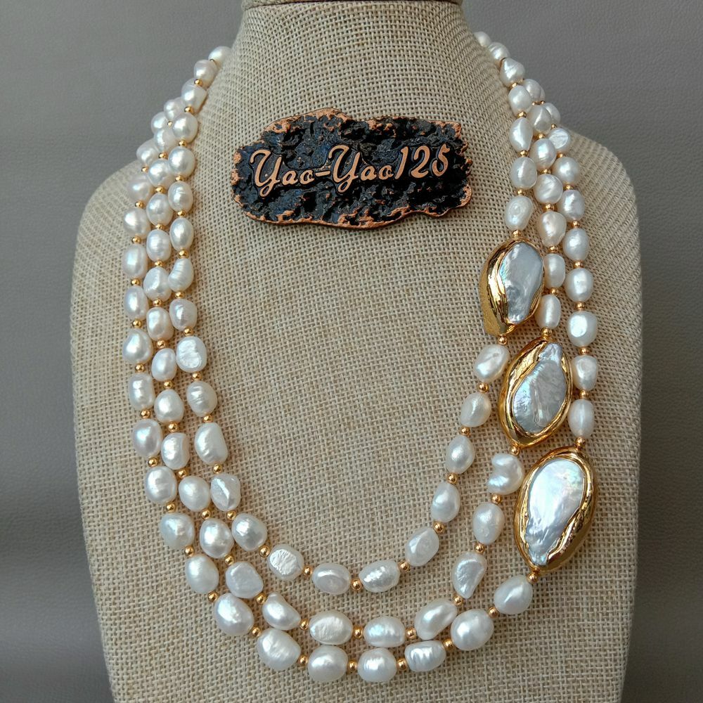 3 rows Cultured Baroque Pearl Necklace Keshi Pearl Gold Plated Connector 20″