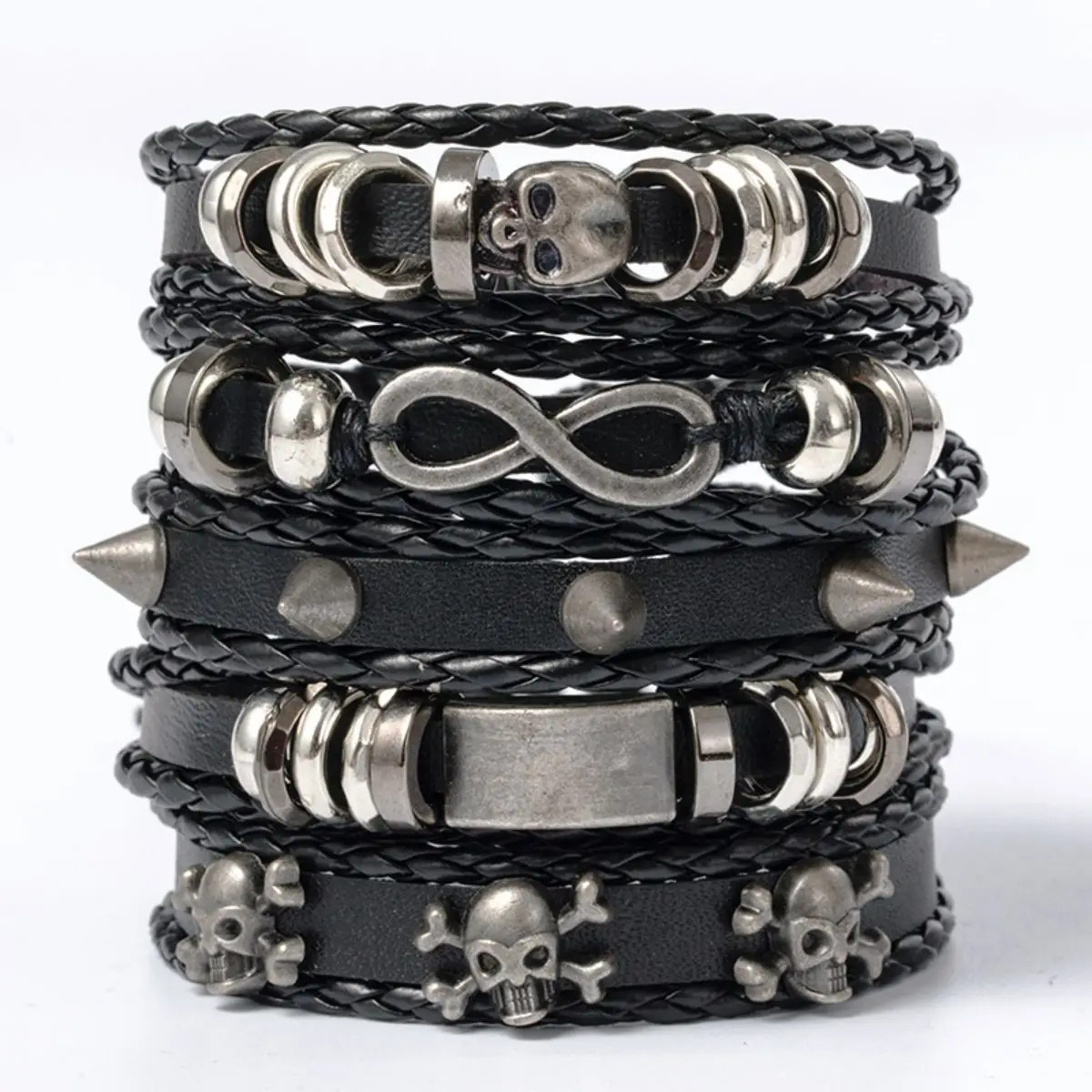 6pcs/Set Black Punk Skull Star Shaped Alloy Pu Leather Bracelet Punk Hip Pop