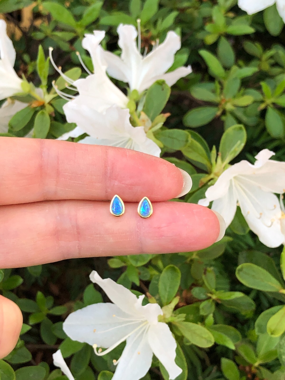 Blue Opal Teardrop Stud Earrings Sterling Silver 925 Dainty Studs Gold 5.9mm