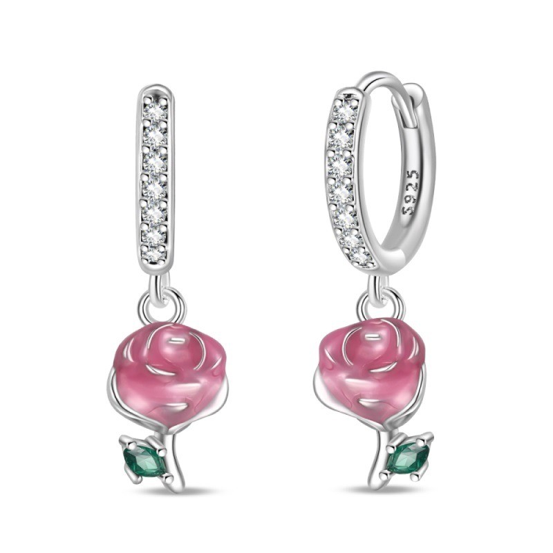 PANDACH 925 Sterling Silver Pink Rose Drop Earrings For Women Hoops Jewelry Gift