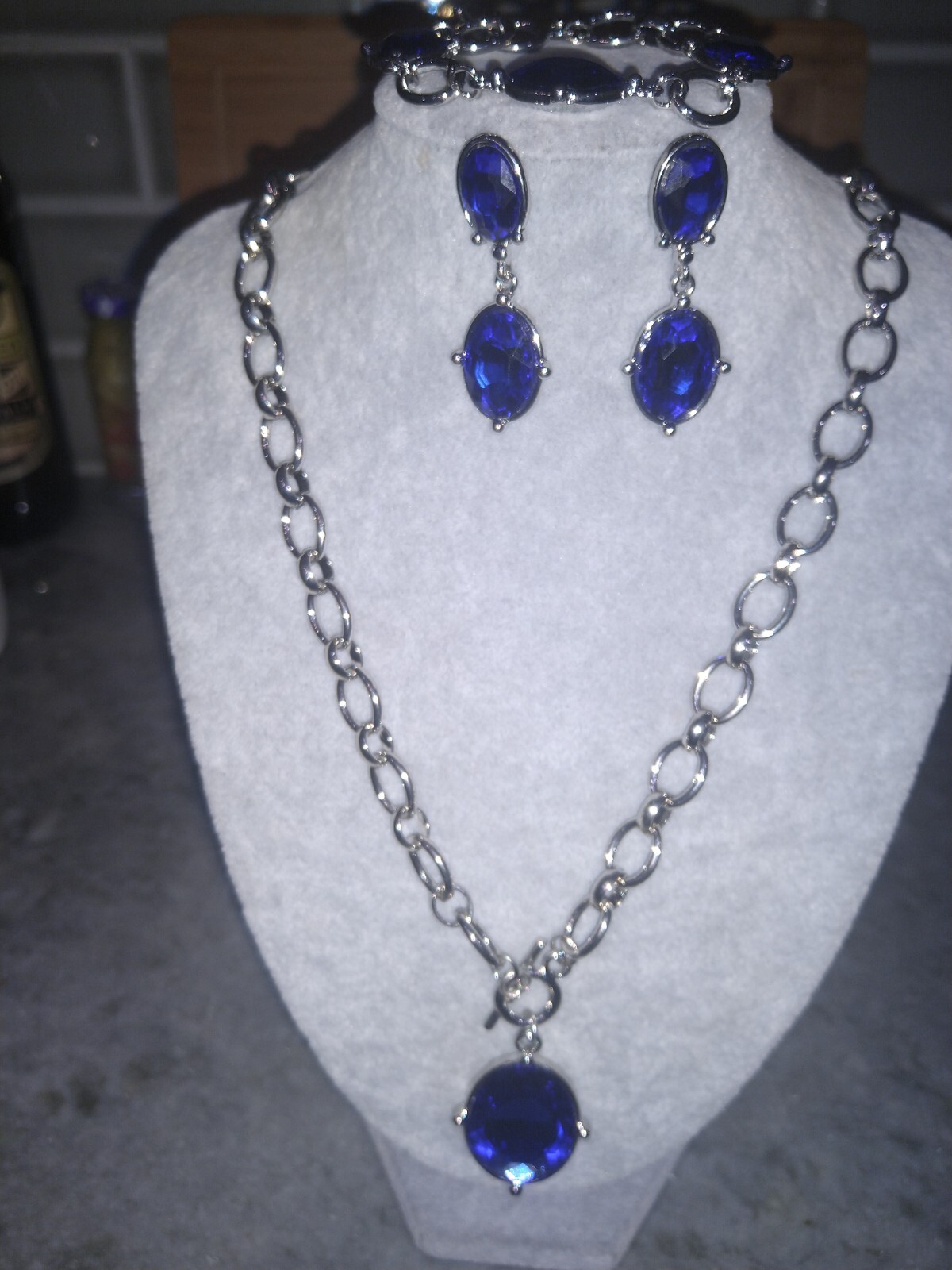 Set of 3 Sim. Blue SapphireLinkedChainNcklce,20.5 ,Brclet,Earrings,Silvrtone