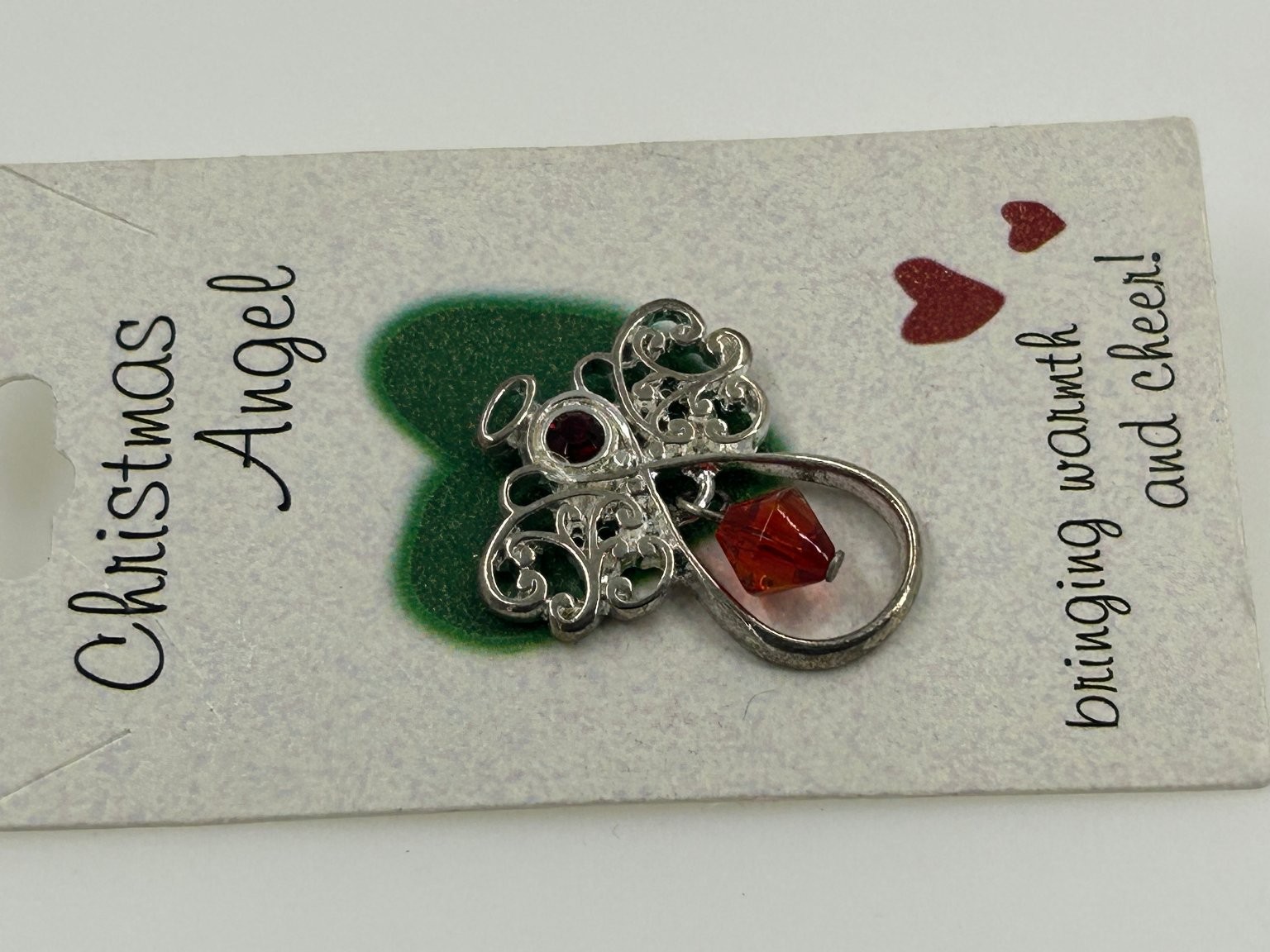 Roman Inc Christmas Angel Brooch 1.5in Silver Red Crystal Pendant
