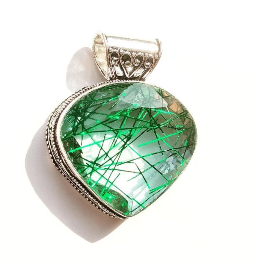 Green Rutialted Quartz Gemstone 925 Sterling Silver Handmade Jewelry Pendant