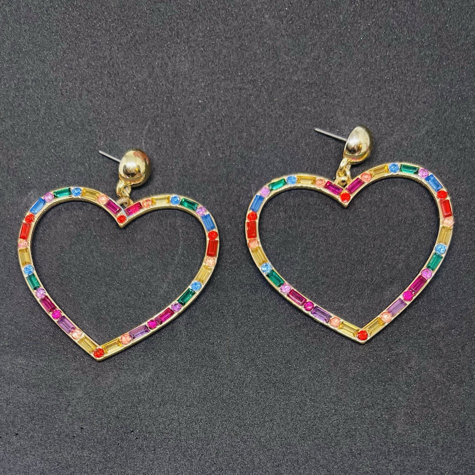 Aldo Gold Crystal Multicolor Rainbow Baguette Open Heart Dangle Drop Earrings