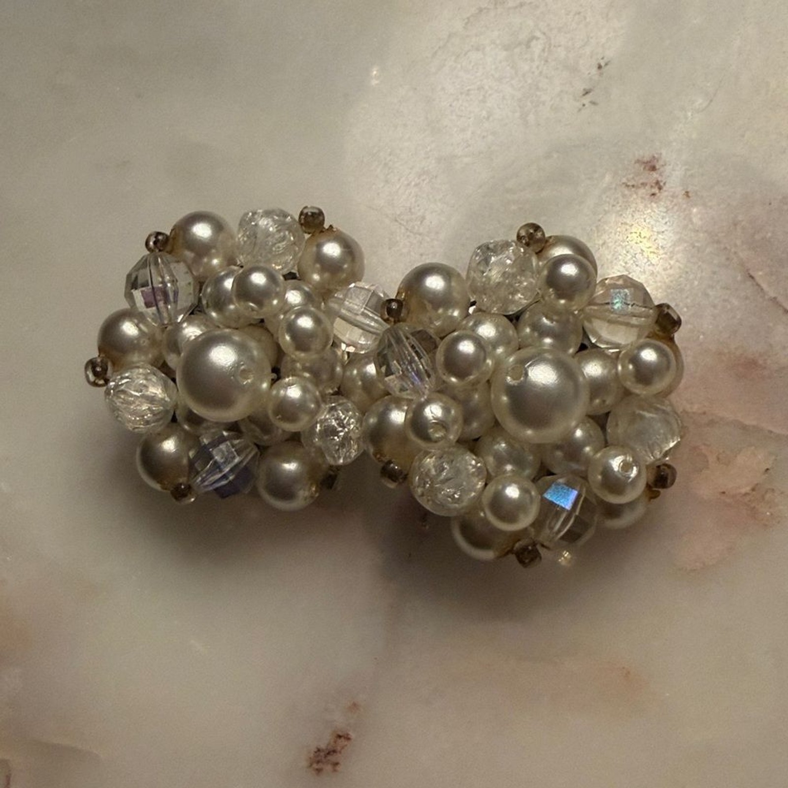 Vintage Beaded Faux Pearl AB Cluster Clip-On Earrings Made in Germany