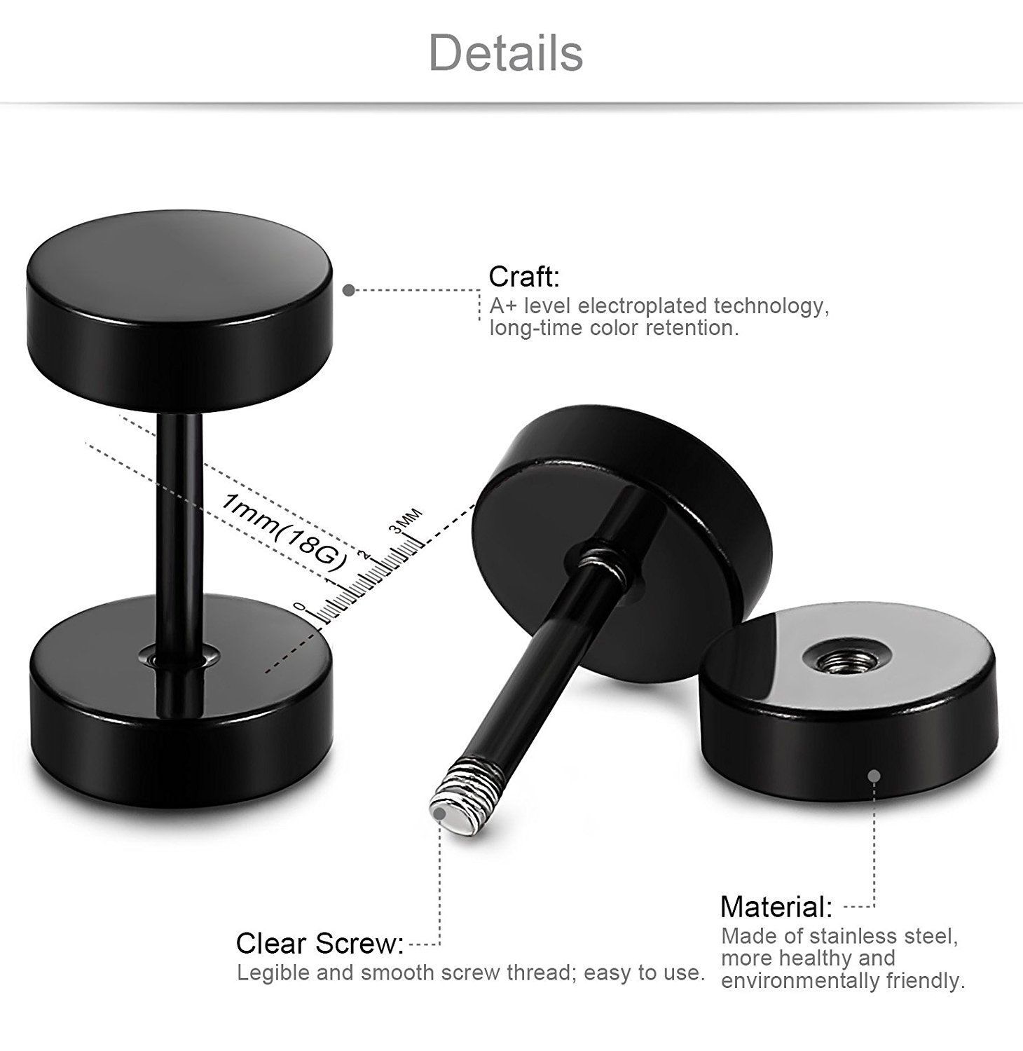 3MM-14MM Screw Stud Earrings for Men Women Steel Cheater Fake Ear Plugs Gauges