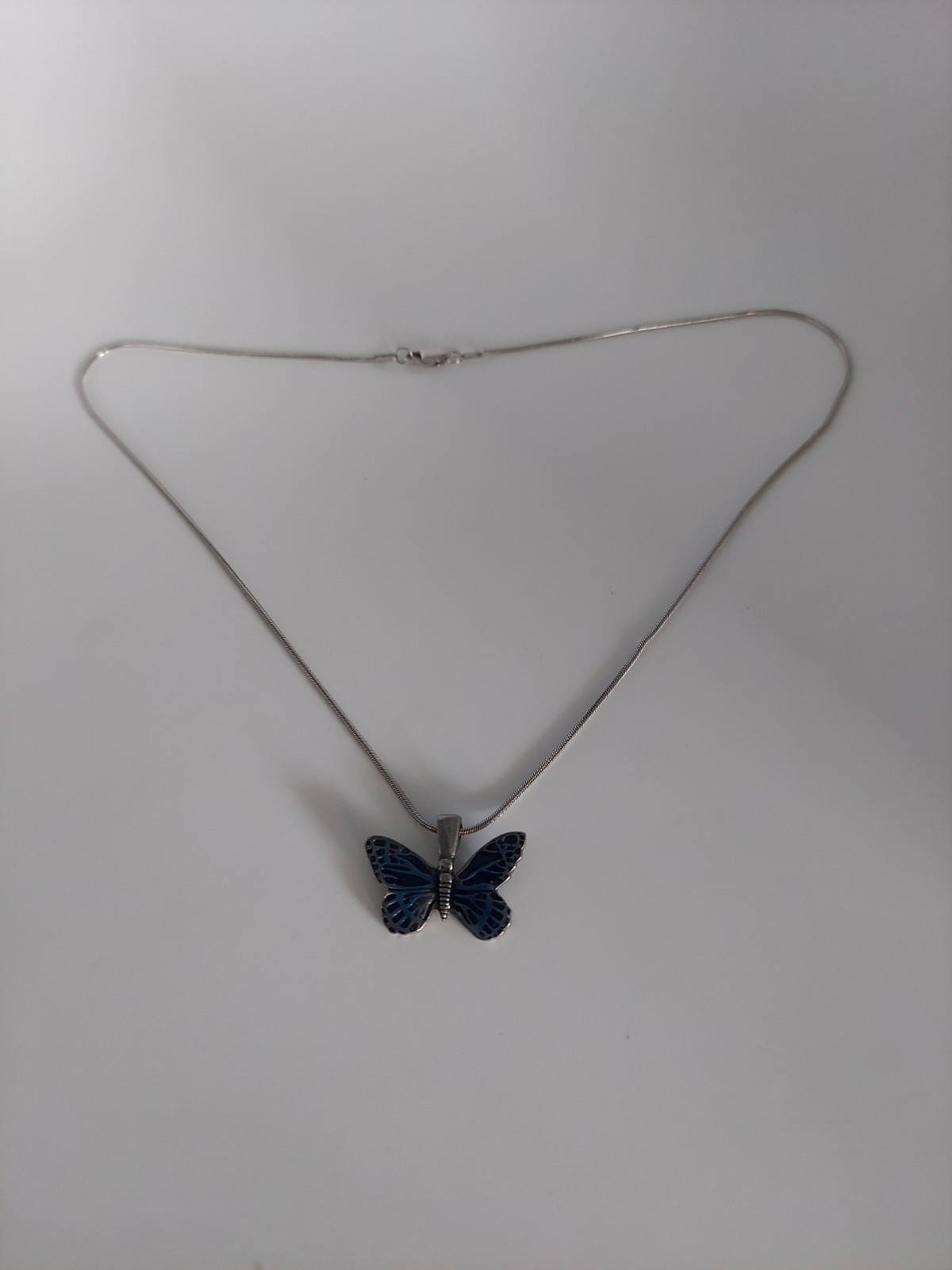 Danforth Pewter Blue Butterfly Pendant Necklace .925 Chain 17”
