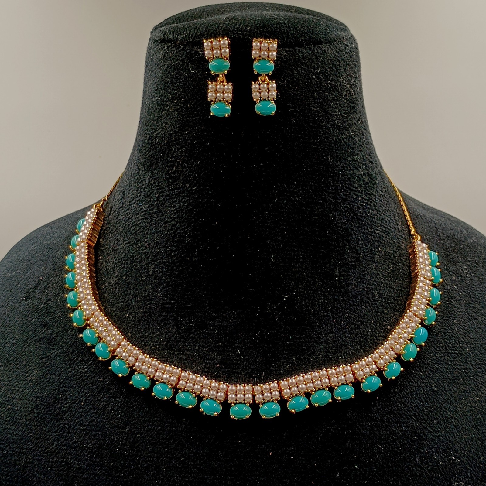 Turquoise and Pearl Necklace Set, 22k Gold Plated Choker, South Indian Jewelry