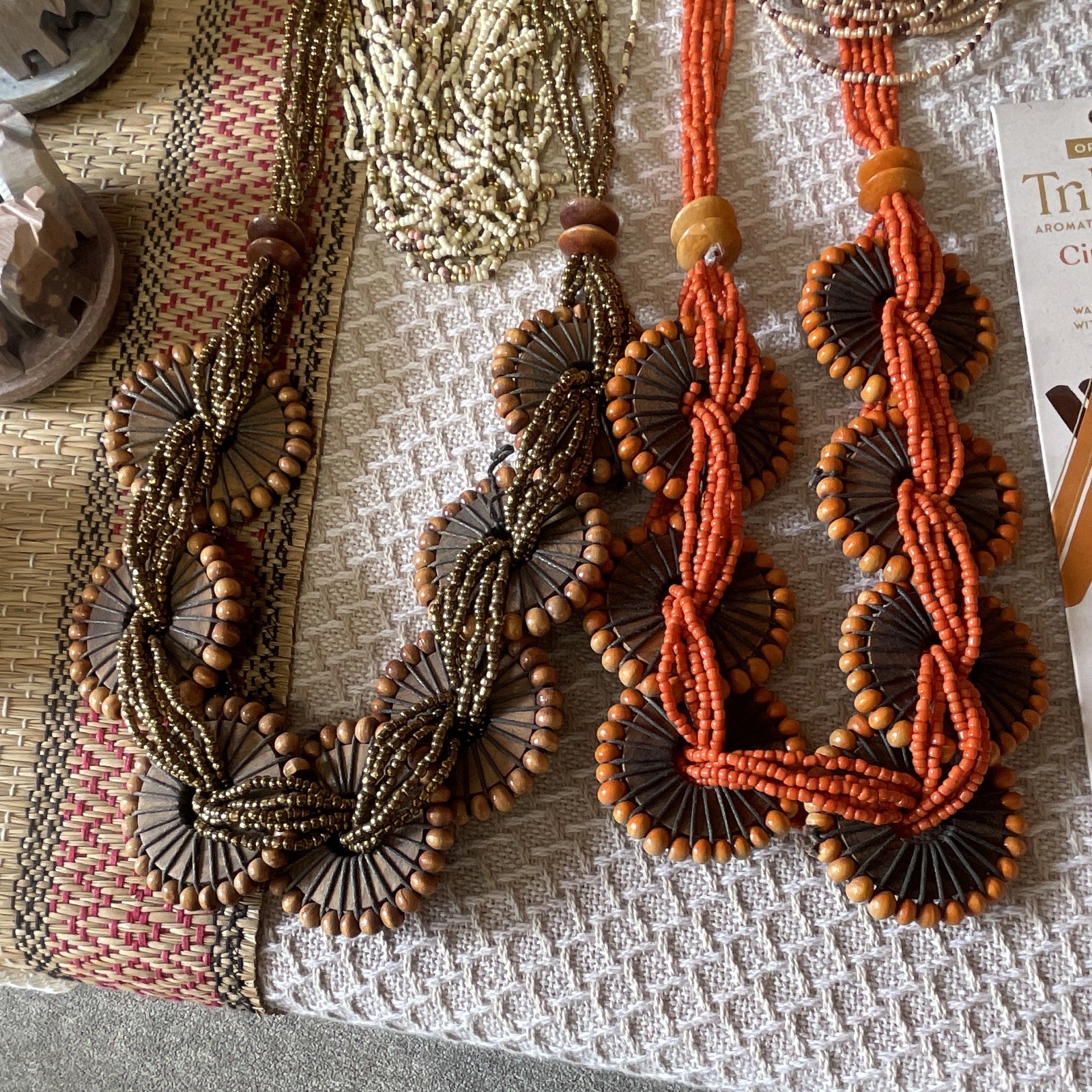 Multistrand Beaded Bib Necklace Set, Brown & Orange Beads Ball/Bead Chain