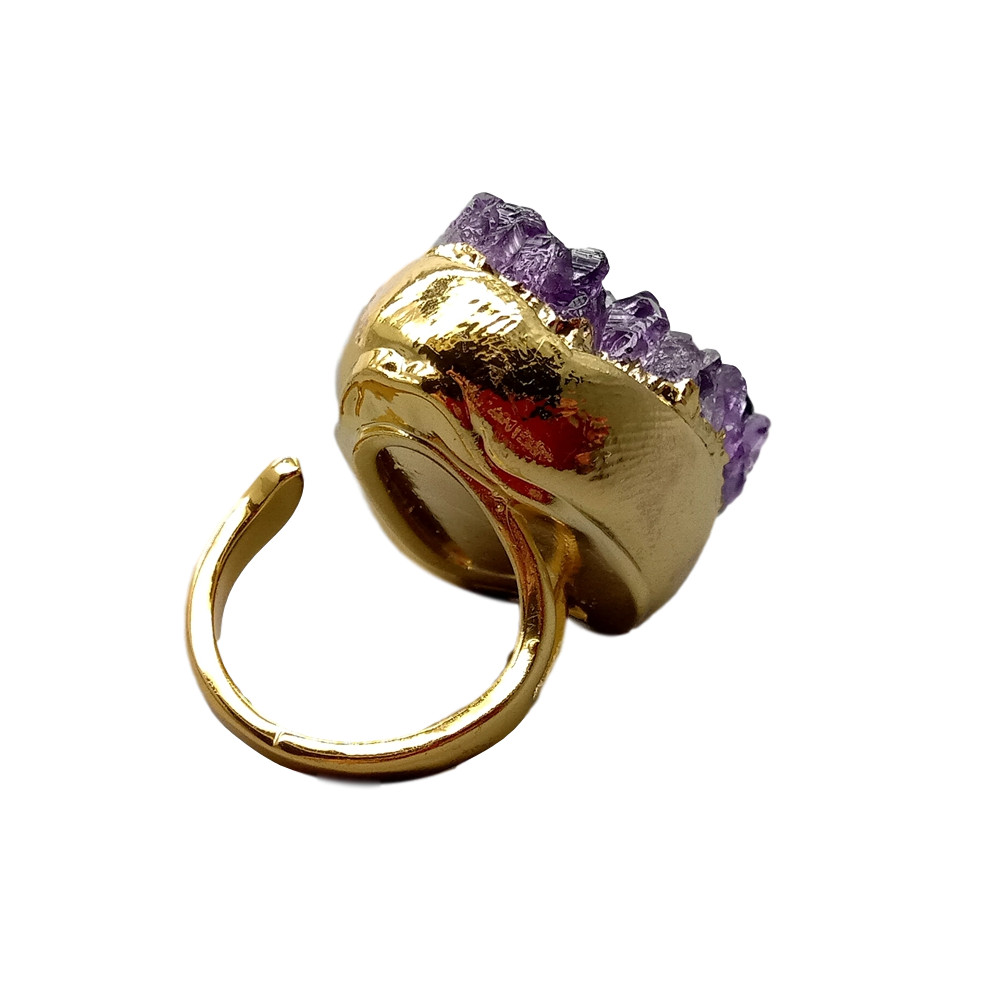Natural Amethsyt Druzy Cluster Freedom Shape Gold Electroplated Ring Adjustable