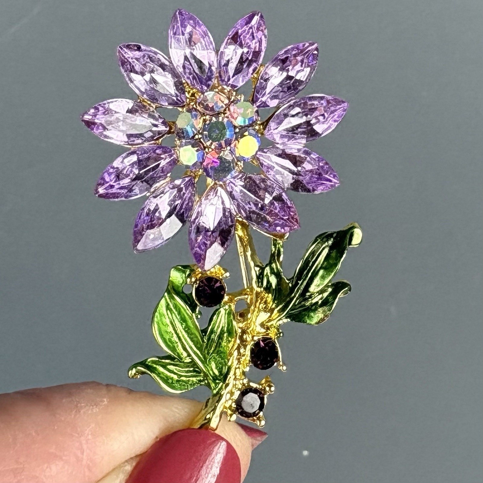 Purple Rhinestone Flower Pin Brooch Green Enamel Leaves Vintage Inspired