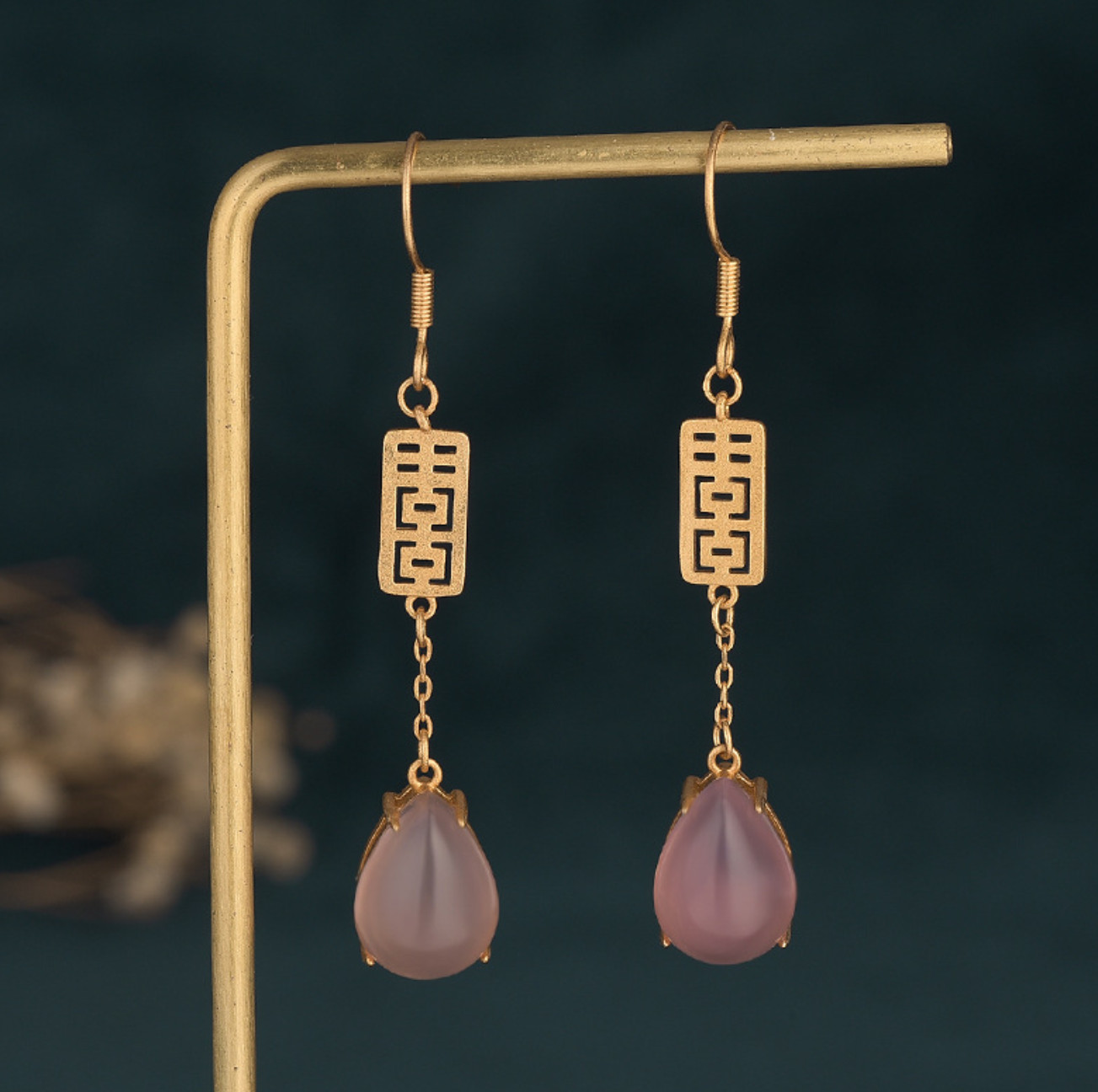 Pink Jade Drop Dangle Boho Earrings Ethnic Teardrop 18K Gold Plated Gemstone