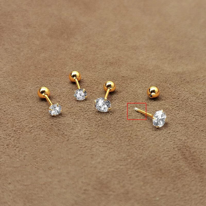 Gold Round CZ Crystal Stud Earrings Screw Back Surgical Steel Ear Stud 2-6mm 2PC