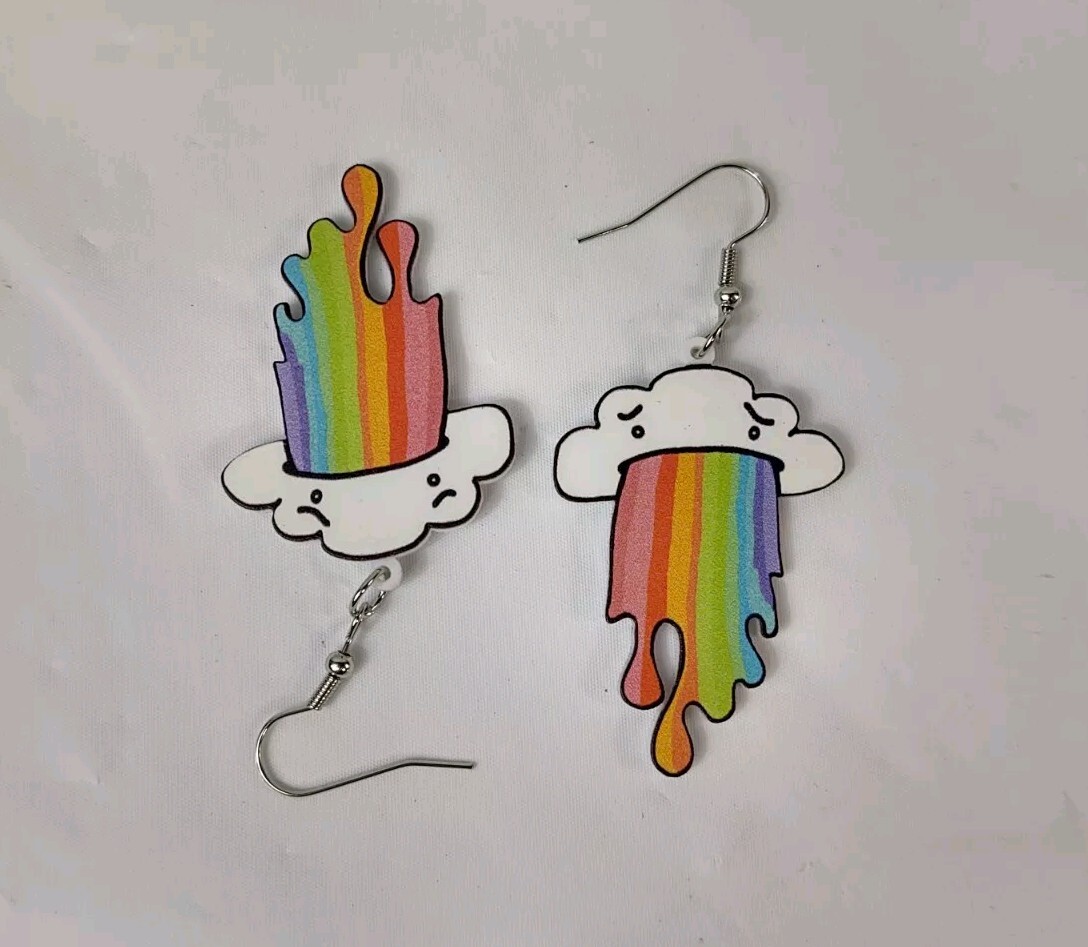 Hook Drop Dangle Pierced Earrings Big Plastic White Cloud Puking A Rainbow