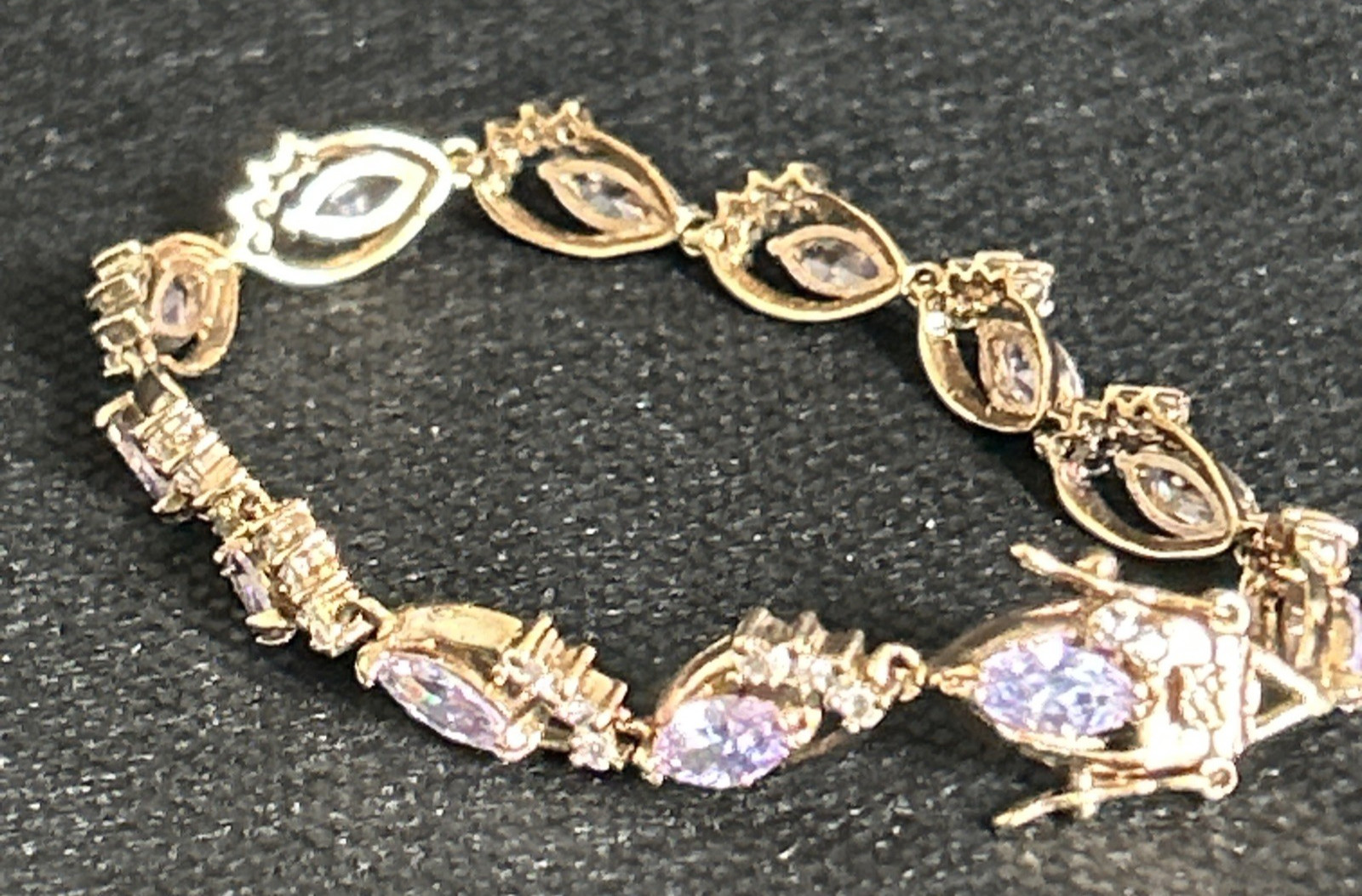 Gold Tone Brass Simulated Amethyst Marquise Rhinestone Tennis Bracelet 7 Inch