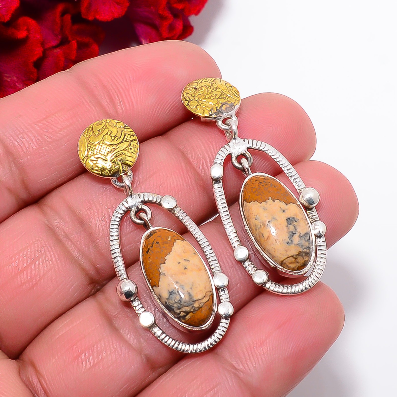 Picture Jasper – Oregon 925 Sterling Silver Two Tone Earring 1.68″ E103018