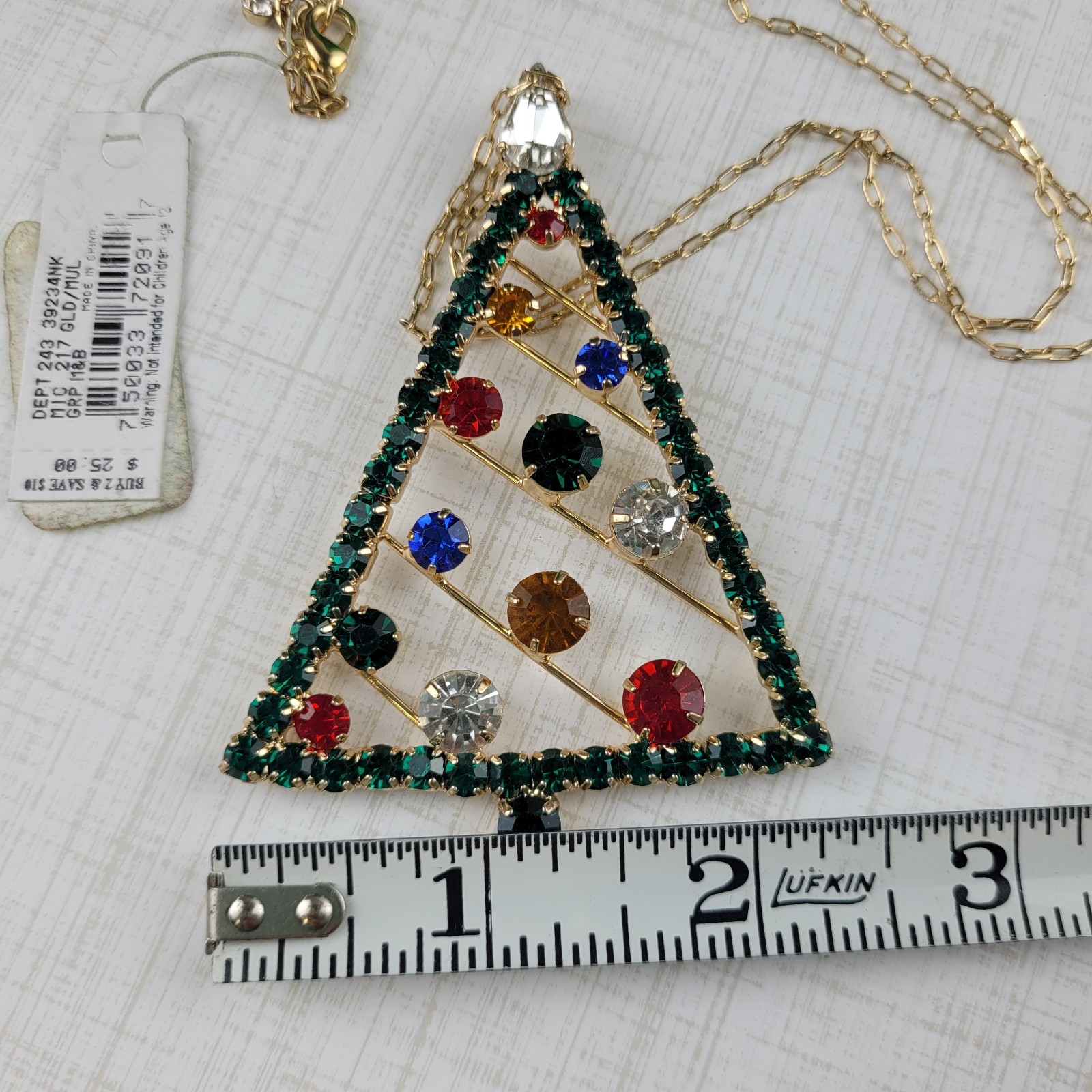 Large Rhinestone Christmas Tree Pendant Necklace Extra Long Chain 35″