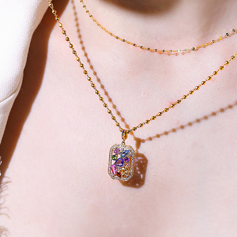New Women Girls Jewelry Set Mix Color Amethyst Topaz Gems Necklace Rings Gold