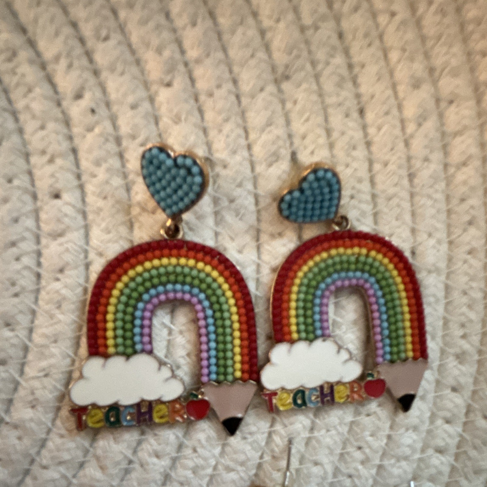 Teacher Rainbow Heart Dangle/Drop Earrings, Multicolor, Nickel-Free