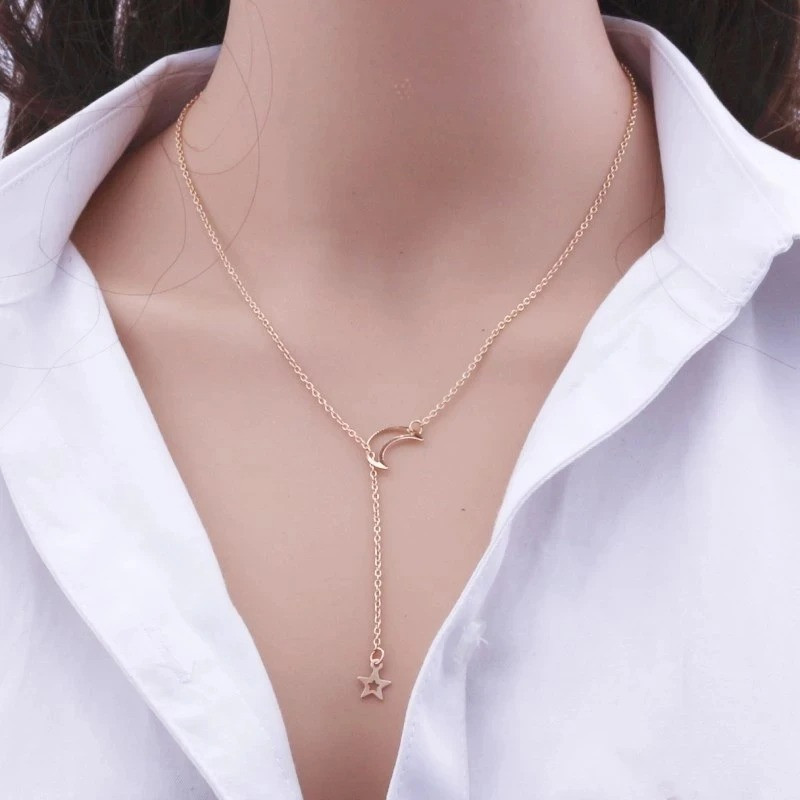 Elegant Moon Star Pendant Choker Necklace Gold Color Alloy Chain Party Jewelry