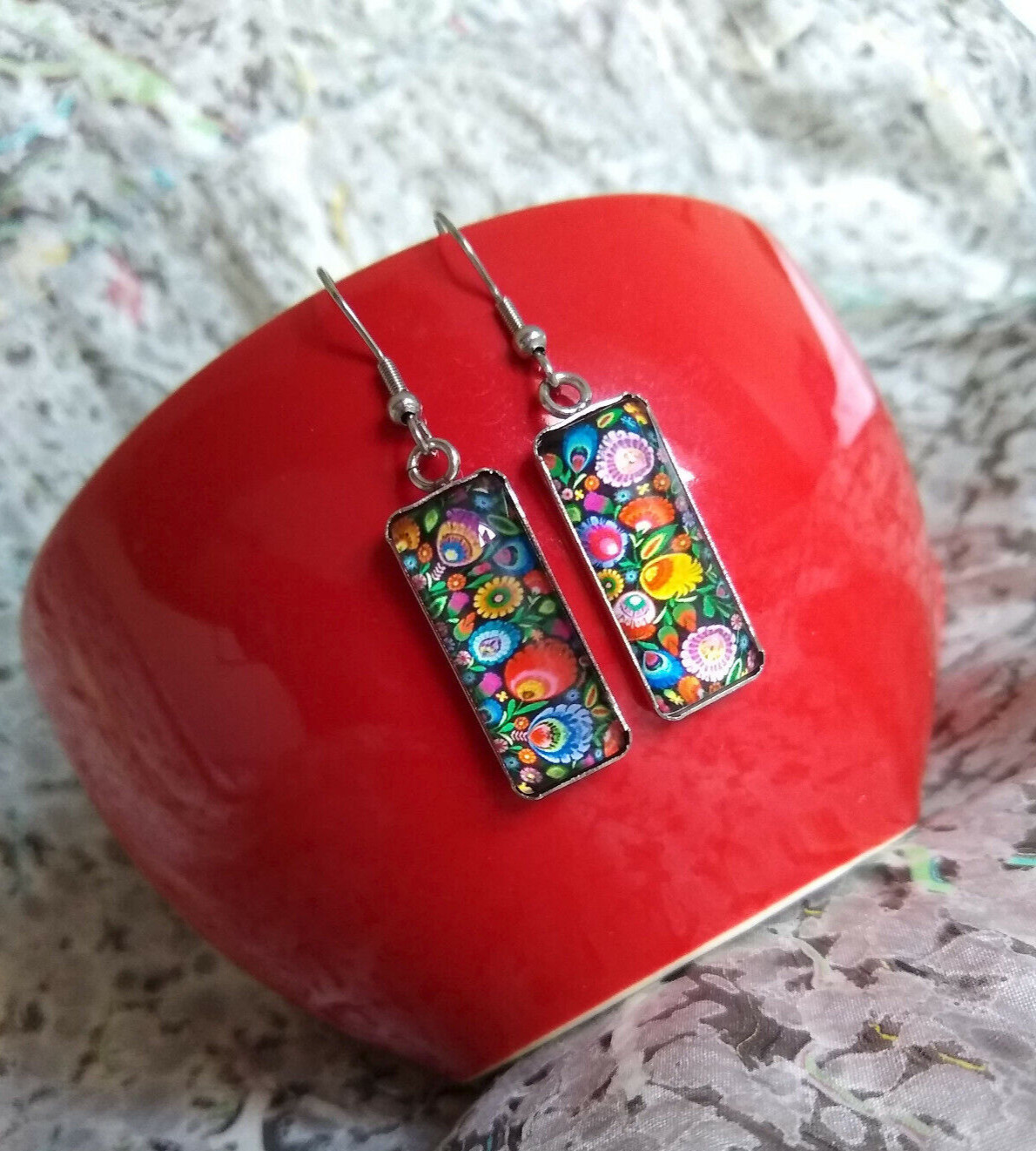 Polish Folk Art Painting Floral Glass Dangle Earrings Handmade Vibrant Unique 