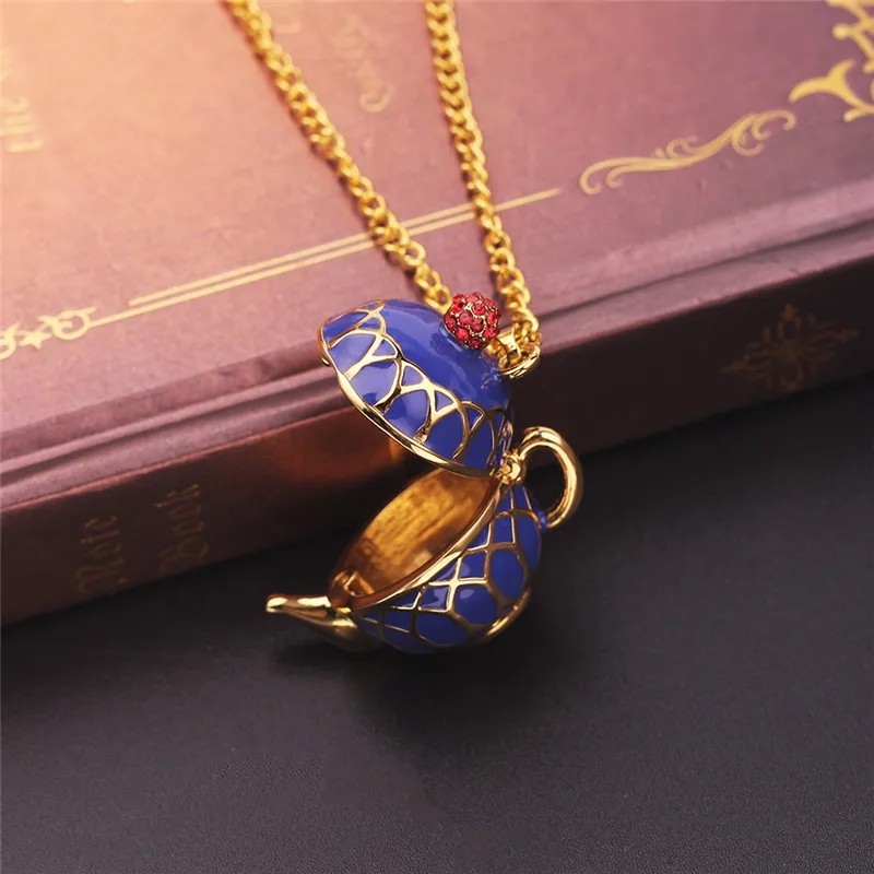 Tea Cup Necklace Gold Chain Enamel WHIMSICAL Stacked Teacups Blue Jewelry