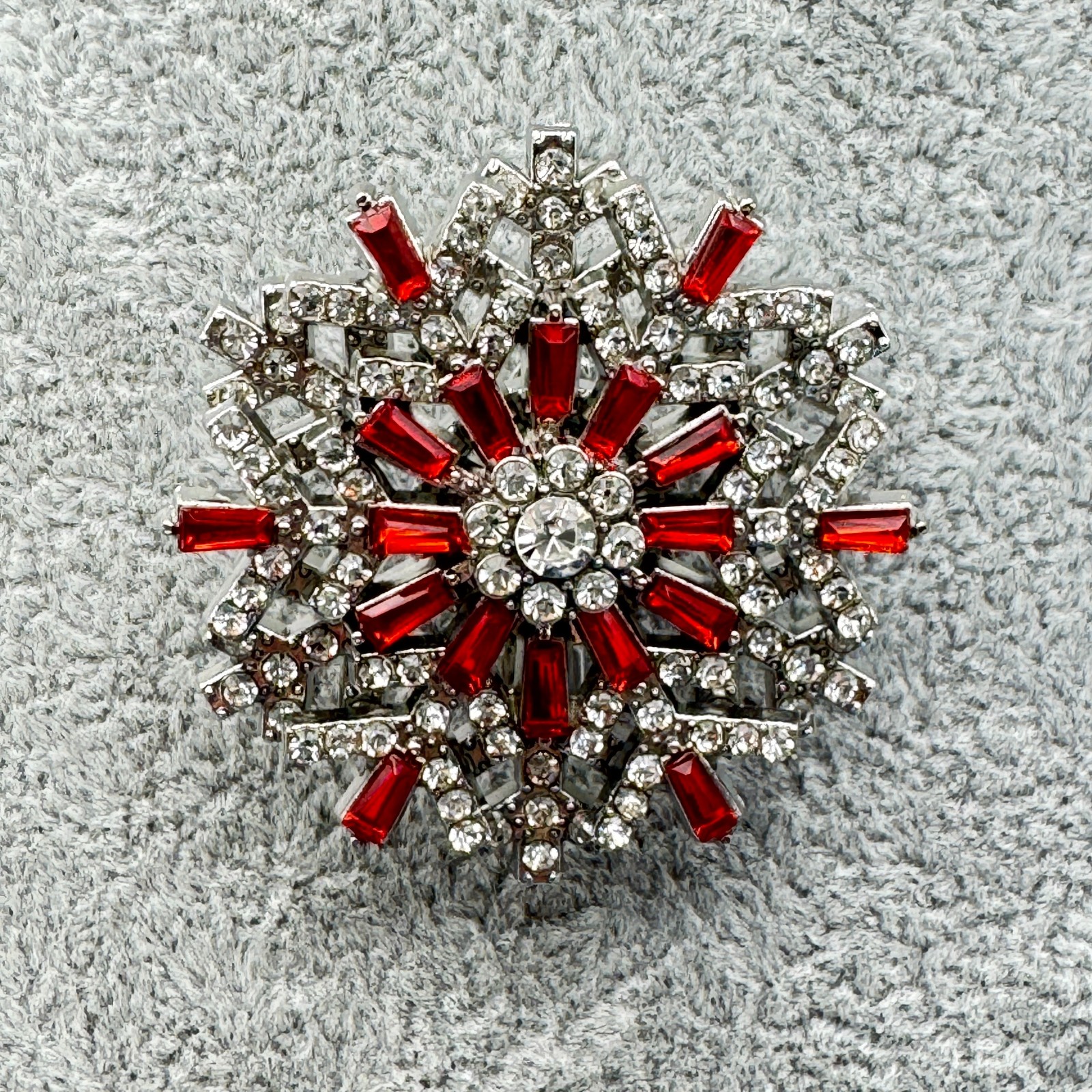 Snowflake Rhinestone Brooch Pin Red Clear Crystal Holiday Jewelry Silver Tone