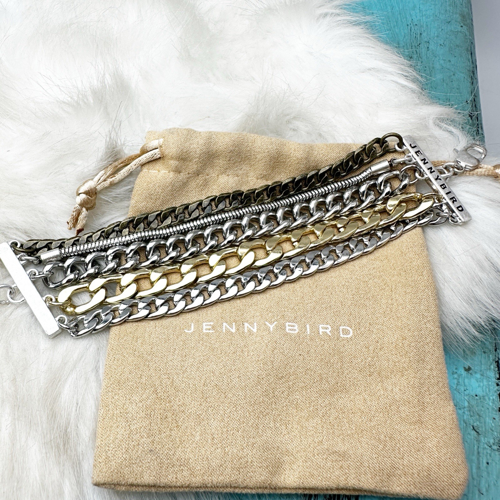 Jenny Bird Gold Silver Multi Chain Statement Bracelet w/ Pouch New w/o tags