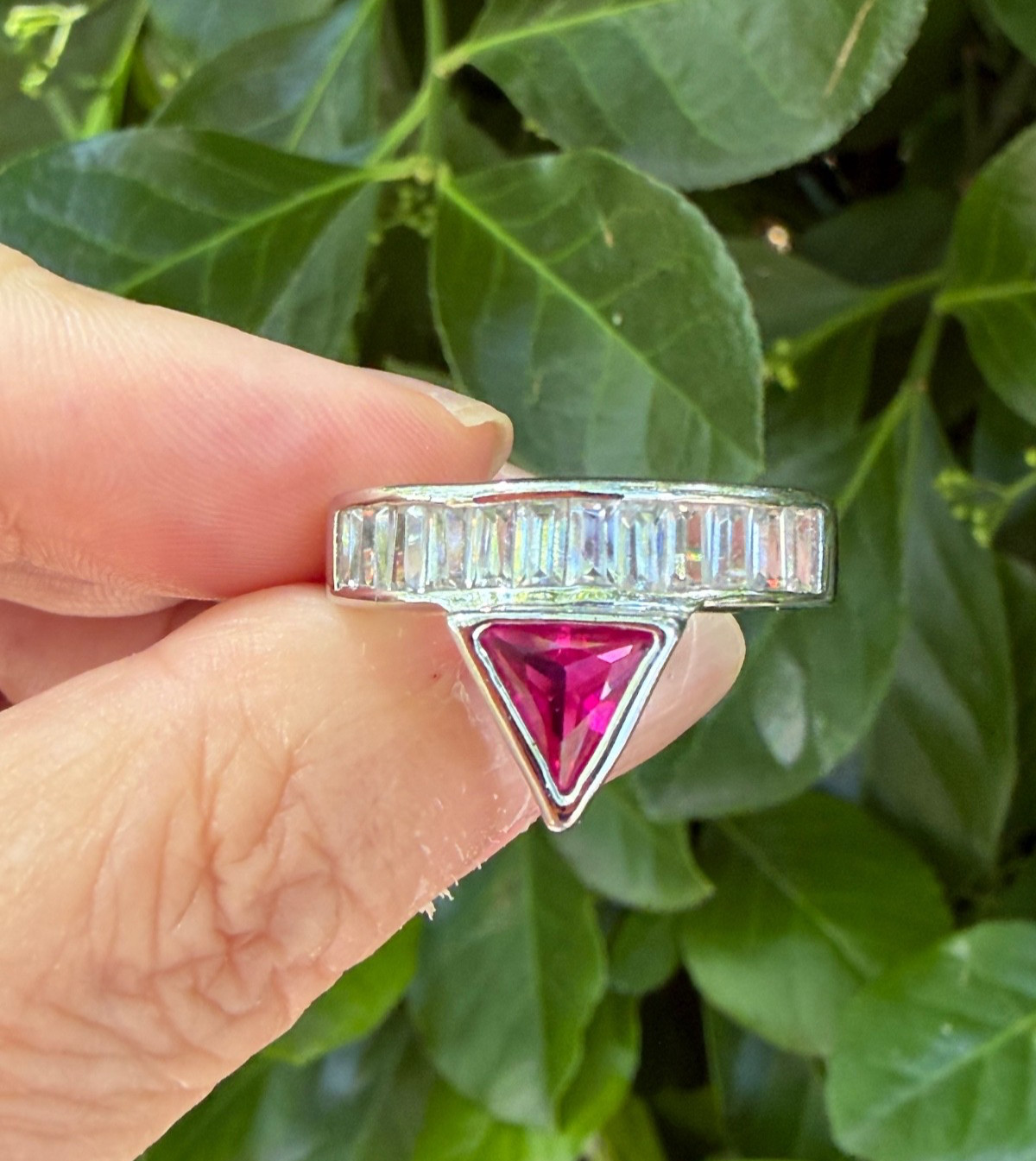 SYNTHETIC RUBY / PINK SAPPHIRE BAGUETTE RHINESTONES GEOMETRIC RING SILVER TONE