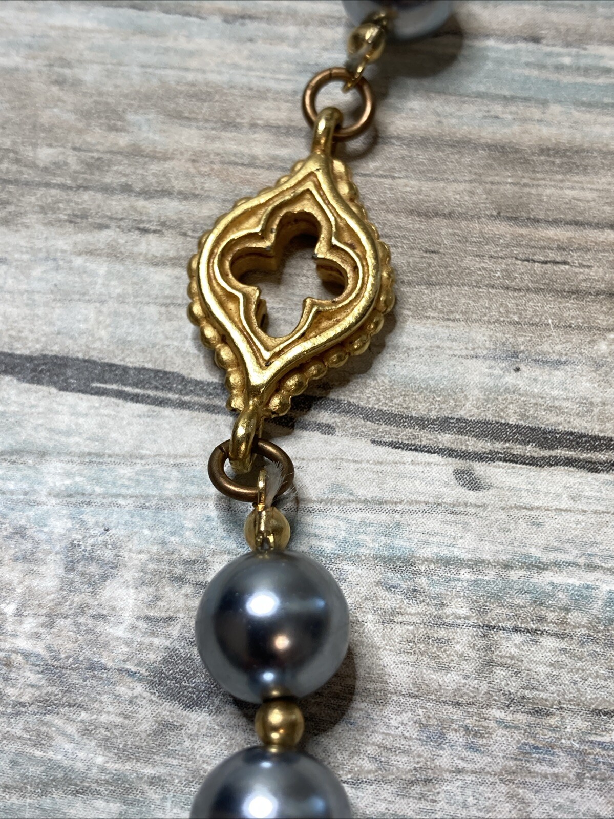 Gray Bead Gold Tone Charm 54″ Necklace Fashion Costume NWOT