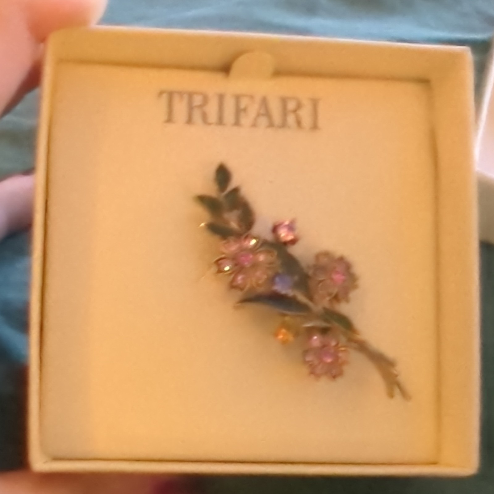 Trifari Floral Gold Tone Brooch Pin Pink Rhinestone Green Leaves Purple