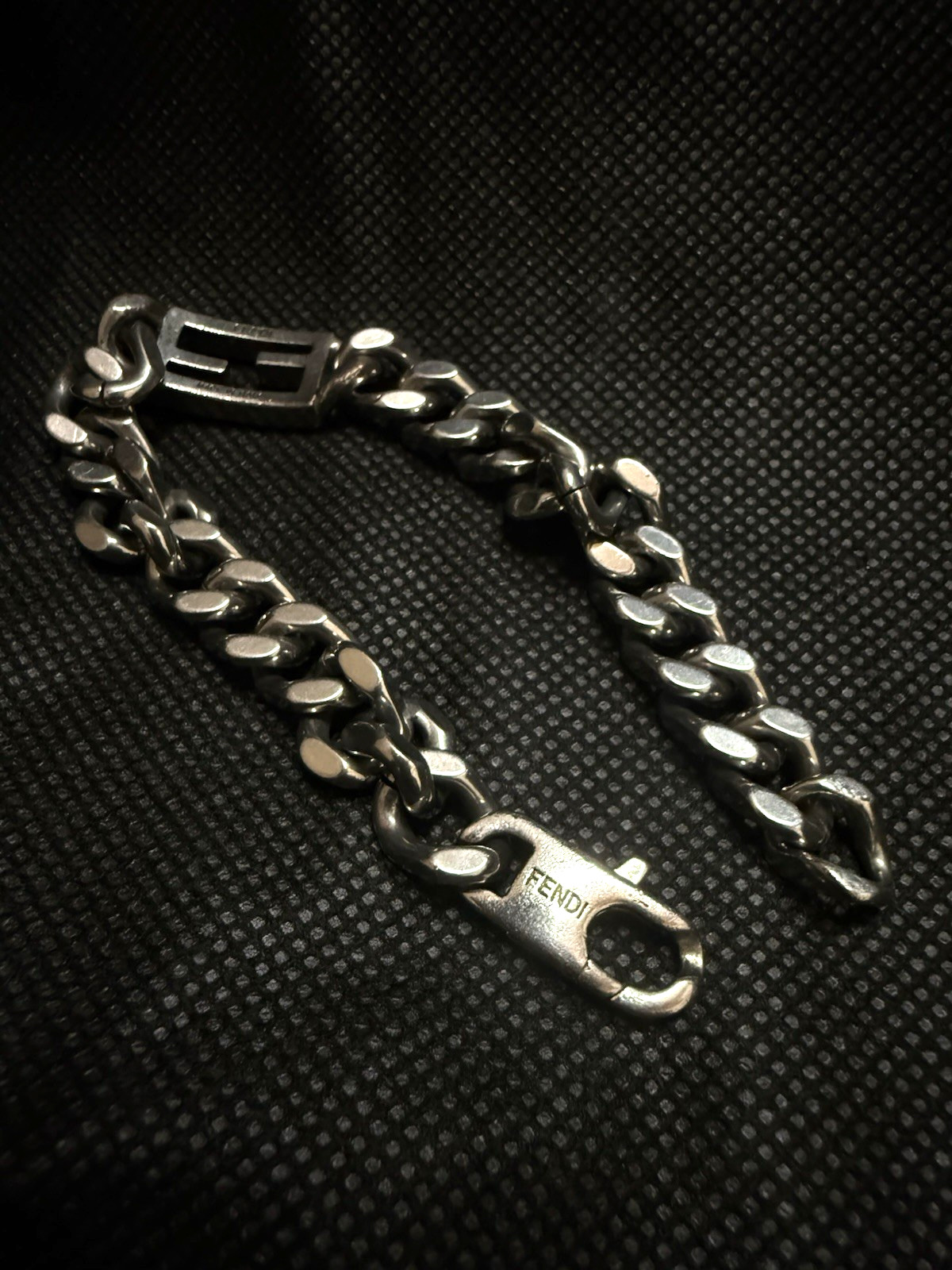 FENDI FF Baguette Logo Chain Bracelet Silver Tone Metal Italy Vintage Unisex