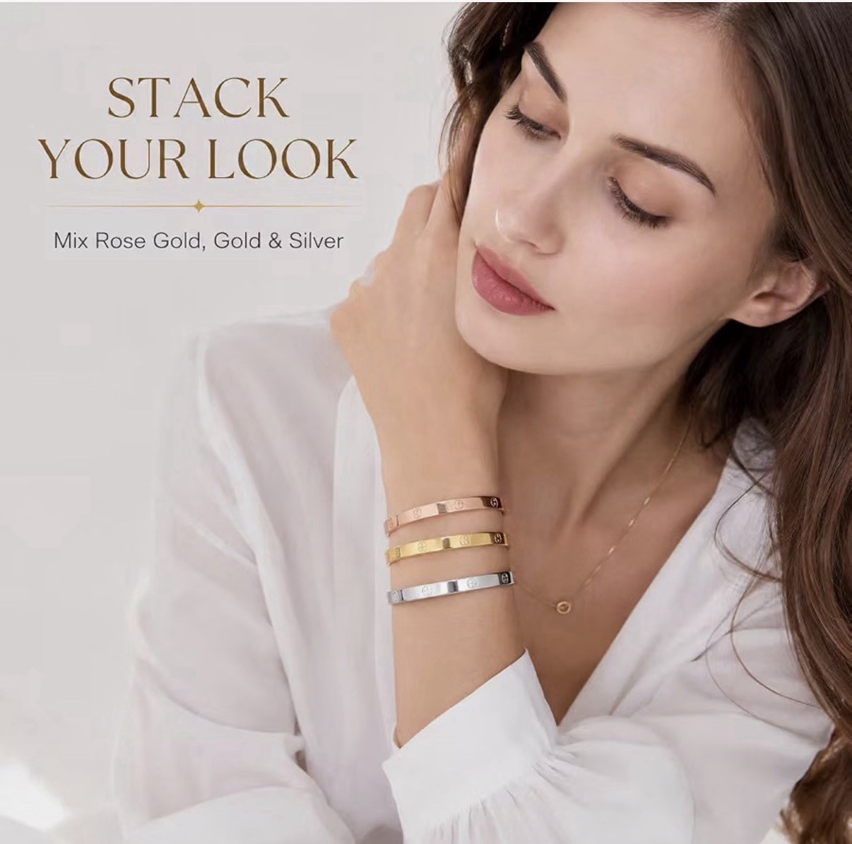 18K Gold Plated CZ Cuff Bangle Bracelet Women Titanium Steel Love Friendship