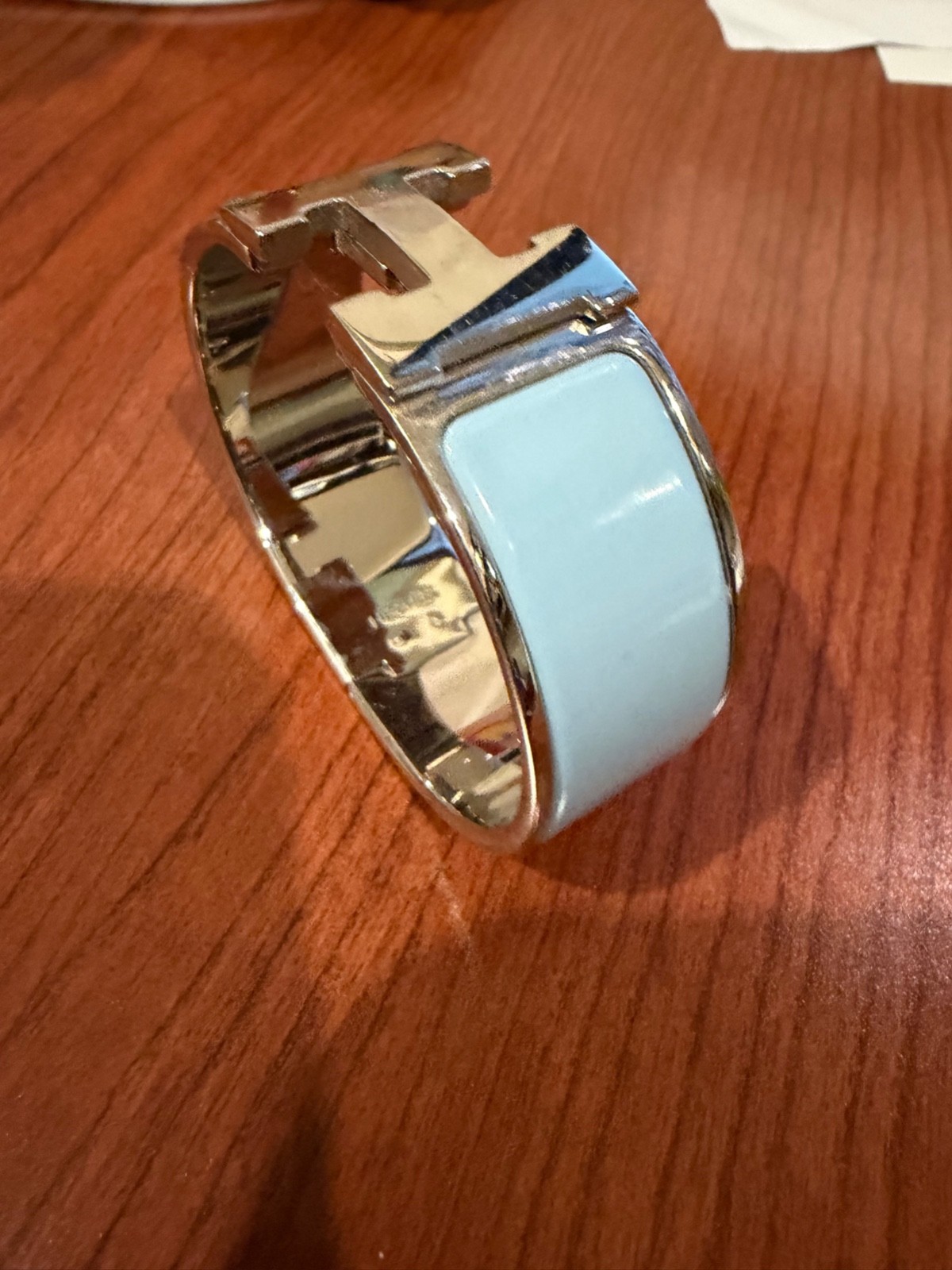 Hermes Click H silver bracelet with sky blue enamel