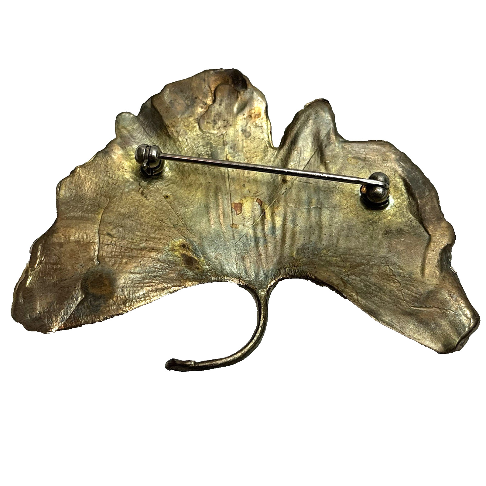 Botanical Metal Ginkgo Leaf Brooch Pin Artisan Textured Metallic Finish Unsigned