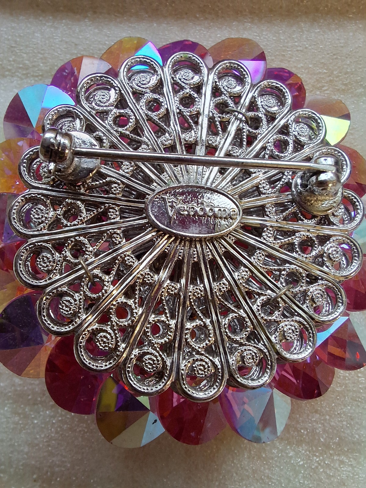 Pink Aurora Borealis Crystal Rhinestone Flower Cluster Brooch Pin, Metal Signed