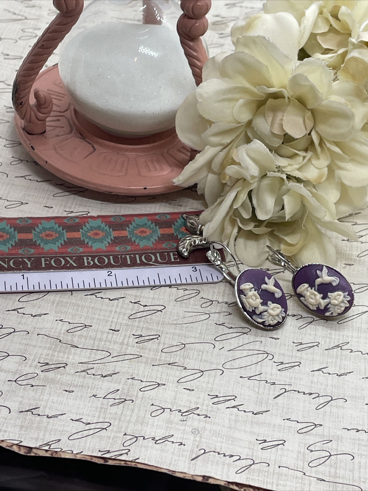 Morning Glory Hummingbird Silver Boutique French Wire Cameo Earrings Wedding Mom