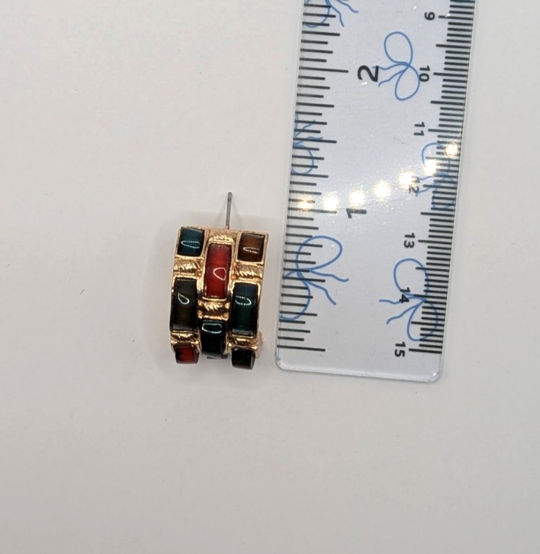 Green Blue Red Shiny Gold-tone Partial Hoop Post Stud Earrings