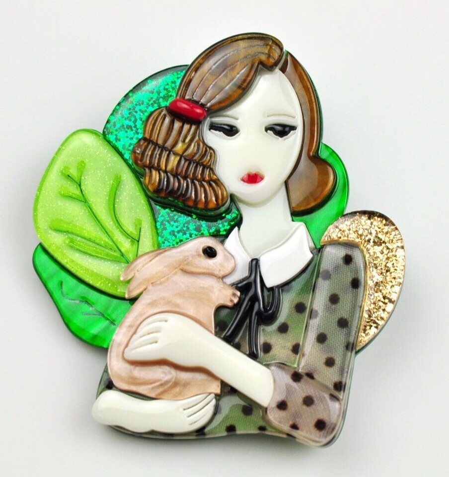 Acrylic brooches Lady holding a bunny brooch Pin Fashion Jewelry Gift for her