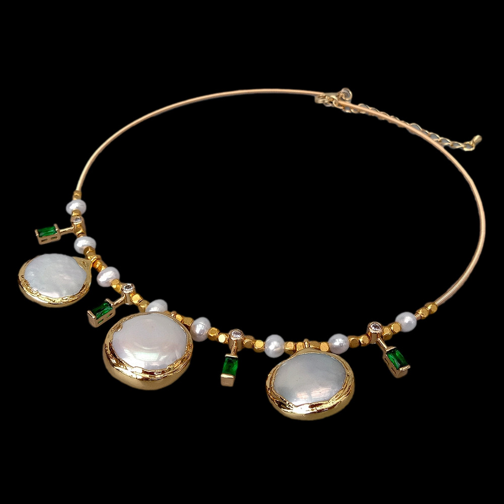 Cultured White Coin Pearl Potato Pearl Cz Pave Choker Charm Necklace 15″