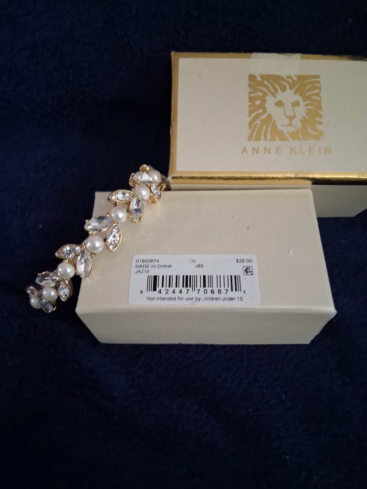 Anne Klein Gold Tone Crystal Pearl Hinged Bangle Bracelet w Box JA218